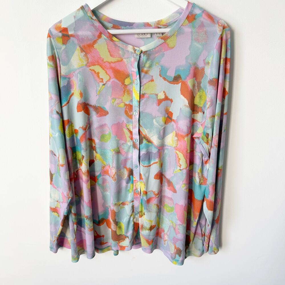 LOGO Lori Goldstein Cardigan Size 1X Plus Mesh Sheer Multicolor Tie-Dye Top